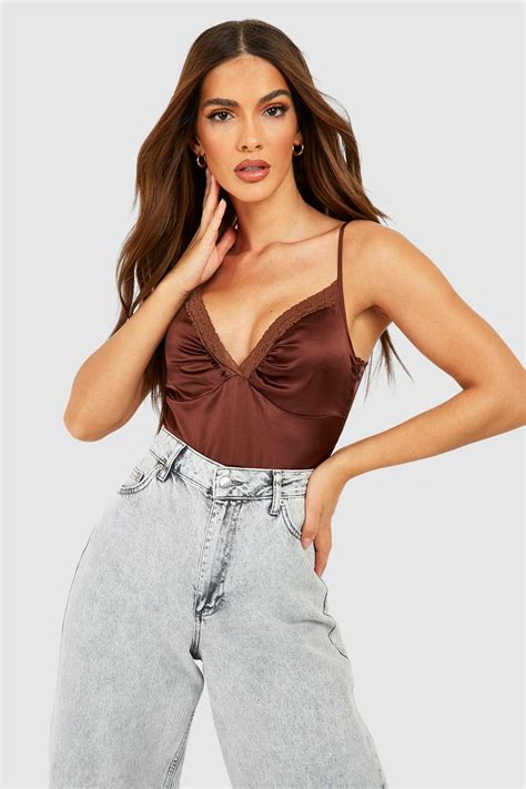 Chocolate Satin Lace Trim Cami Bodysuit Boohoo Uk