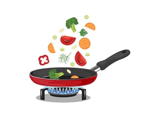 Premium Vector Cooking Food In Frying Pan On Gas Stove