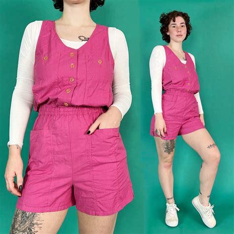 90s Vintage Romper One Piece Button Front Shorts Suit Medium Solid