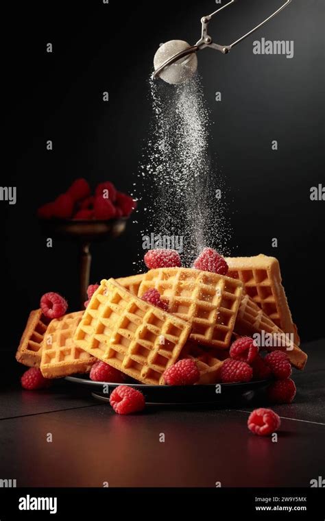 Belgian Waffles With Raspberries Sprinkled With Powdered Sugar Waffles