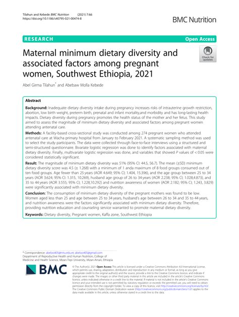 Pdf Maternal Minimum Dietary Diversity And Associated Factors Among