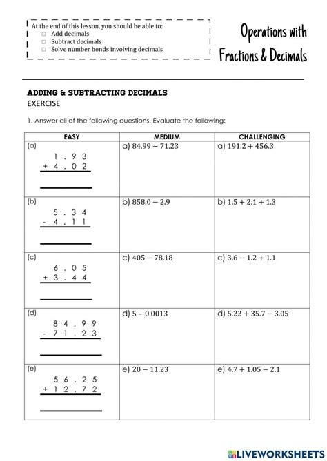 Adding And Subtracting Decimals Online Pdf Activity Live Worksheets