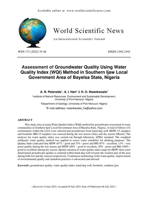 Pdf Assessment Of Groundwater Quality Using Water Quality Index Wqi