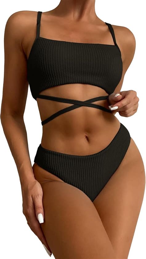 Amazon Lilosy Cute String High Waisted Bikini Ribbed Sporty Brazilian Swimsuit Set Women