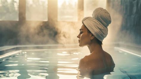 Premium Photo Serene Woman Relaxing In A Steamy Hot Tub With A Towel Turban