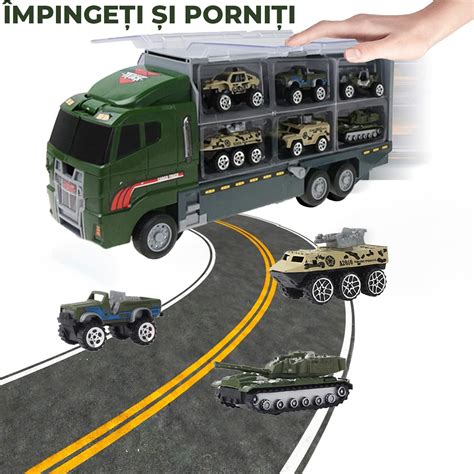 Set Camion Trailer De Jucarie Pentru Transport Seria Armata Masinute