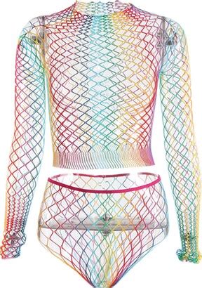 MINGSEECESS Womens Sexy Rainbow Striped Mesh See Through Bodysuit Swimwear Bikini Cover Ups