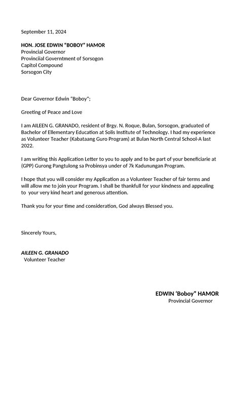 Local School Board Application Letter - September 11, 2024 HON. JOSE