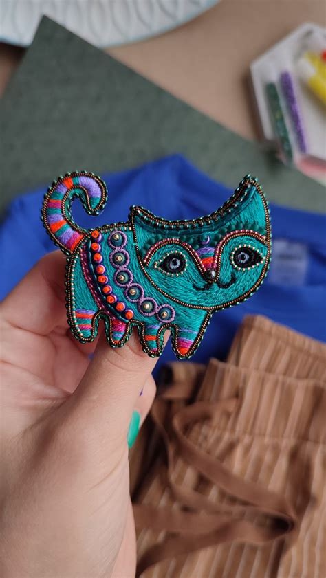 Брошь кот, котик, брошка ручной работы, из бисера, вышивка, фолк арт ...