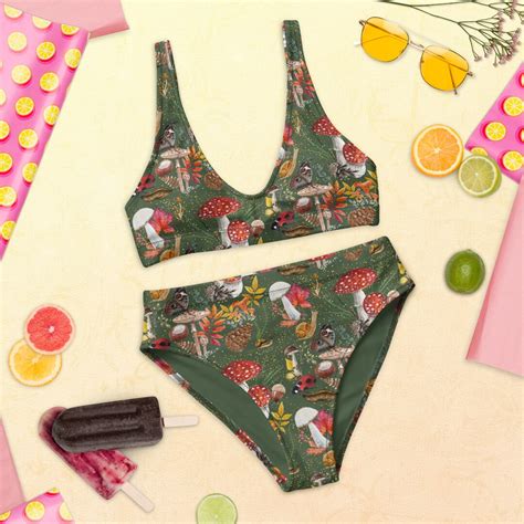 Woodland Mushroom Collage Recycled High Waisted Bikini Nature Botanical Beach Wear Etsy