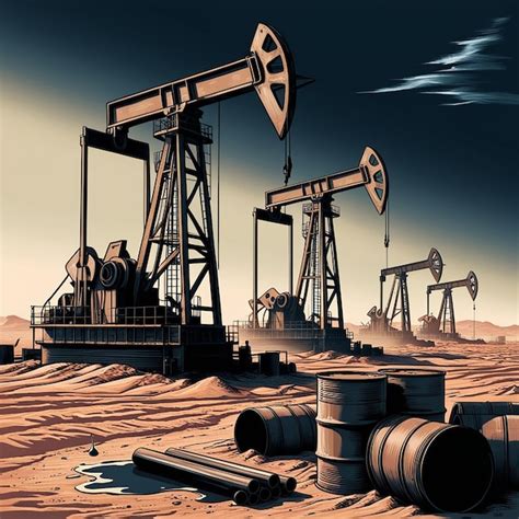 Oil Drilling Derricks At Desert Oilfield Crude Oil Production From The