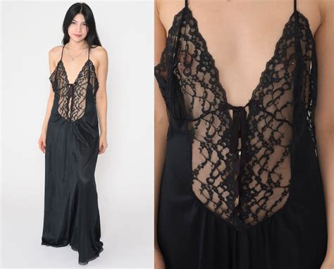 Black Lace Nightgown 80s Lingerie Maxi Slip Dress Low Open Back Sleeveless Backless Romantic