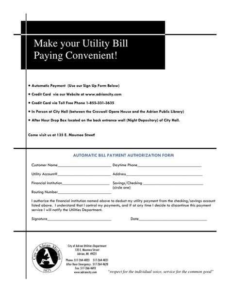 City Of Adrian Michigan Automatic Bill Payment Authorization Form