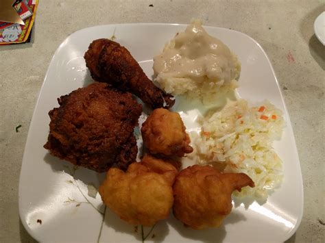 [homemade] Fried Chicken Corn Fritters Slaw Mashed Taters And White Gravy R Food