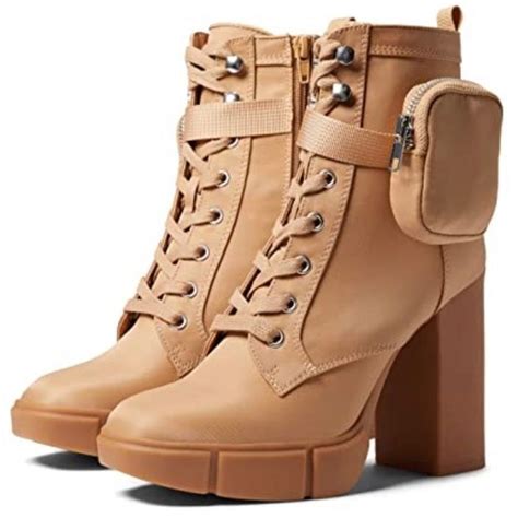 Steve Madden Herrick Block Heel Platform Ankle Strapped Pouch Boots Tan