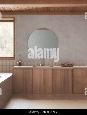 Wooden And Marble Japandi Bathroom In Orange And Beige Tones Bathtub