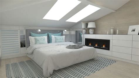 A Bedroom With A Bed And Fireplace In The Corner It Is Very Modern Style