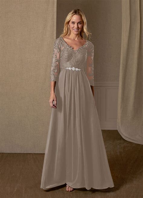 Taupe Azazie Hayek A Line V Neck Lace Chiffon Floor Length Dress Azazie