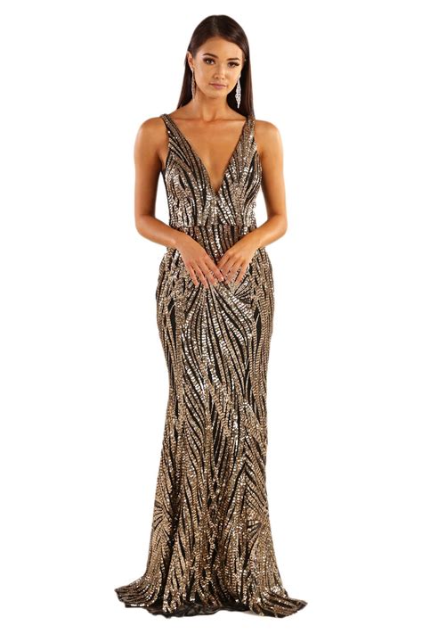 Sapphira Sequin Gown Gold And Black Evening Dresses Australia Womens