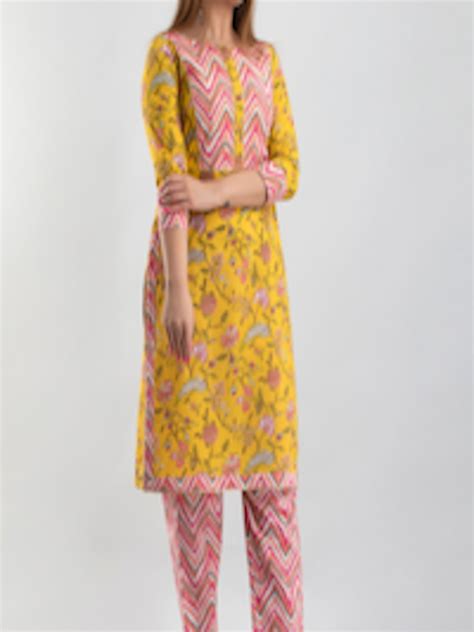 Buy Kalini Women Yellow Floral Printed Pure Cotton Kurta With Trousers Kurta Sets For Women