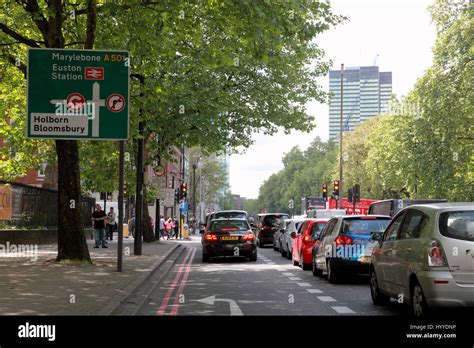 Traffic congestion on the Euston Road, near Euston station, London ...