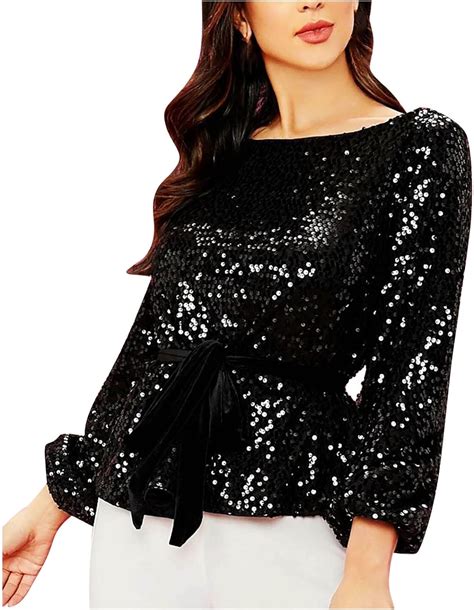 Festliche Tops Damen Glitzer Oberteil Pailletten Oberteil Elegant