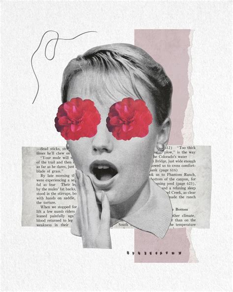 Art Print Vintage Collage Of A Surprised Woman With Pink Flowers On Her