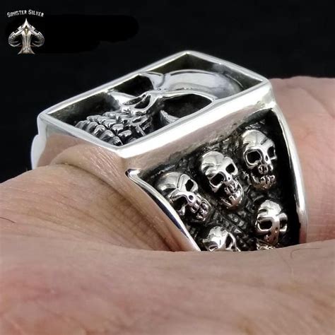 Sterling Silver Skull Gang Biker Ring Biker Rings Mens Skull Rings