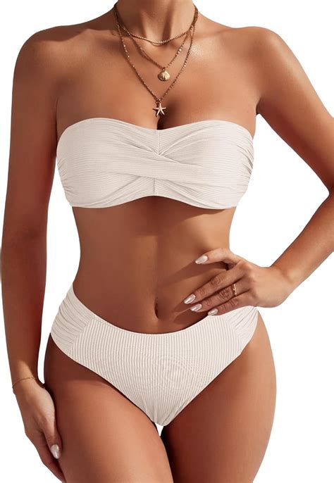 Amazon ZAFUL Women S Strapless Twist Bandeau Bikini 2 Piece Swimwear Cheeky Solid Lace Up