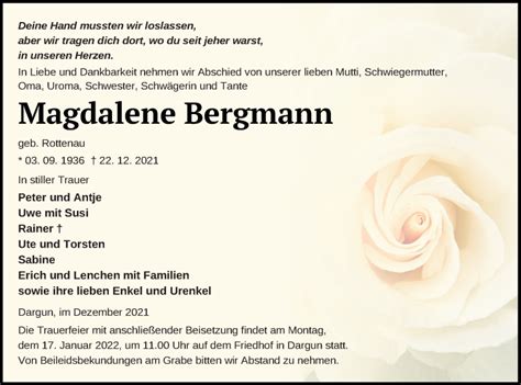 Traueranzeigen Von Magdalene Bergmann Trauer Nordkurier