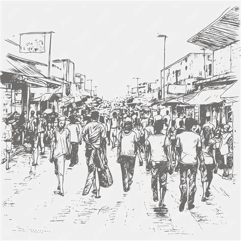 Esbozo de la gente caminando por la calle en el mercado local boceto