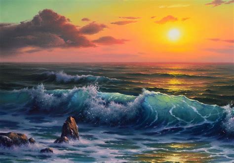 Seascape Oil Painting Sunset Ocean Art Sea Waves Impressionist Beach