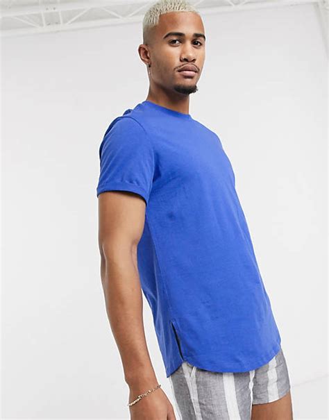 Asos Design Longline T Shirt With Roll Sleeve And Side Split In Blue Asos