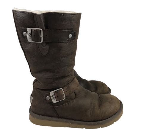 Ugg Womens Size 7 Kensington Biker Brown Leather Fur Lined Buckle Boots 5678 Ebay