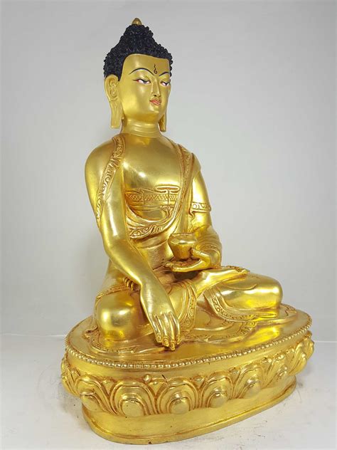 Statue Of Shakyamuni Buddha Full Fire Gold Plated And Painted Face