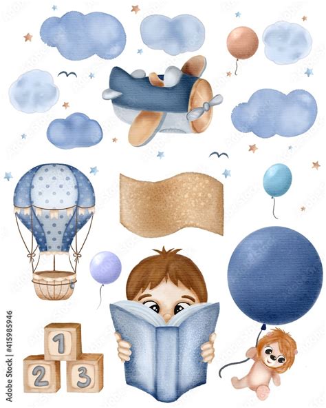 Hand Drawn Watercolor Happy New Born Baby Boy Set With Plane Sky Clouds