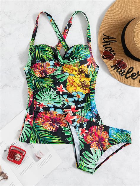 Tropical Print Ruched Push Up Bikini Swimsuit Shein Eur