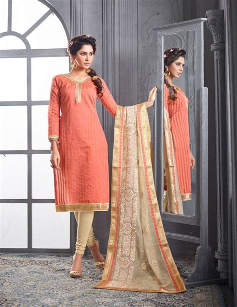 Peach Chanderi Cotton Churidar Suit Indian Inspired Fashion