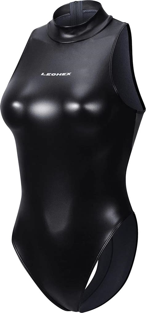 Leohex Met Lico Brillante Spandex Leotardo Sexy Sheer Rave Hot Body Cuello Alto Traje De Ba O De