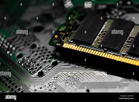 Macro Close Up Of Computer Ram Chip Random Access Memory Chip Slot For