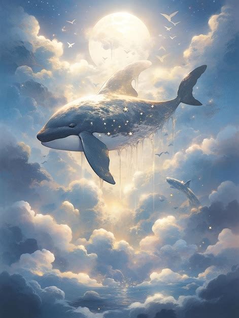 Pintura De Una Ballena Flotando En El Cielo Con Una Luna Llena En El