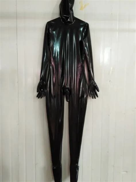 LATEX RUBBER GUMMI Catsuit Overall Black Hood Ganzanzug Bodysuit