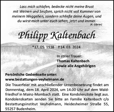 Traueranzeigen Von Philipp Kaltenbach Vrm Trauer De