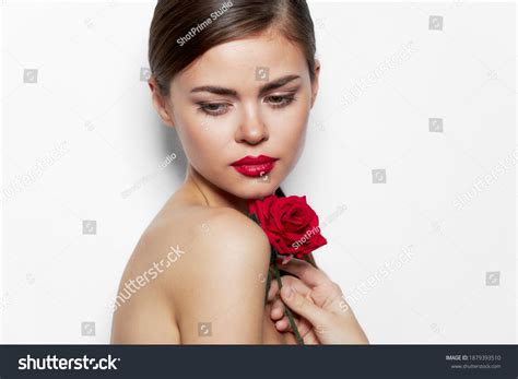 Woman Portrait Nude Shoulders Rose Flower Stock Photo