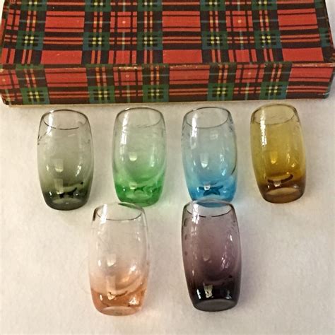 6 Vintage Multi Colored Shot Glasses Set Etched Original Box Japan