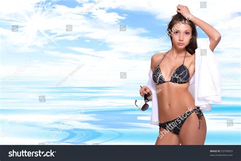 Sexy Bikini Model Over Sea Background Stock Photo 53795053 Shutterstock