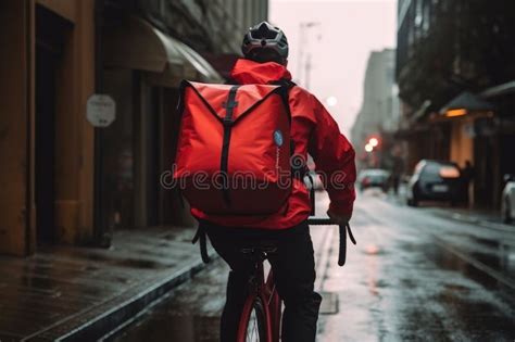 Delivery Rider Riding A Bicycle Through The City With His Delivery