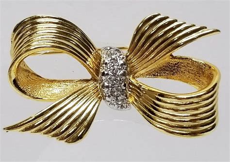 Vintage Estate Ribbed Gold Tone And Rhinestone Ribbon Bow Pin Brooch 2 X