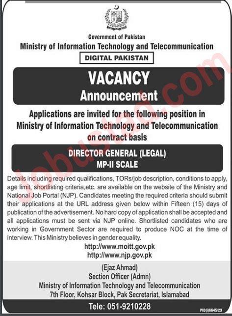 Latest Govt Of Pakistan Ministry It Telecommunication Jobs In