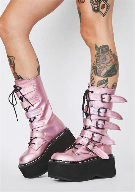 Demonia Pink Holographic Buckle Strap Platform Lace Up Boots Dolls Kill